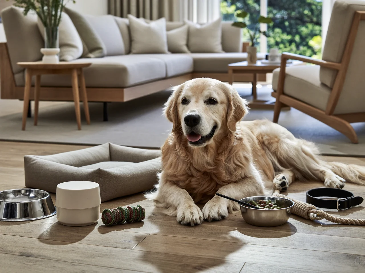 Goldener Retriever ruht auf sonnigem Holzboden neben ordentlich arrangiertem Heimtierzubehör
