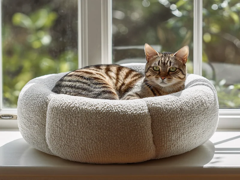 Runder Katzenschlafplatz in Haferfarbe auf der Fensterbank, darin eine getigerte Katze